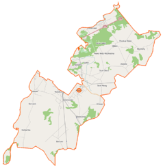 Mapa konturowa gminy Rzekuń, blisko prawej krawędzi u góry znajduje się punkt z opisem „Przytuły Nowe”