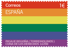 6-coloured stamp with the text "Correos España" in the top left, "Pasaje Begoña (Torremolinos) Cuna de los derechos LGBTI" in the bottom left, and "€1" in the top right