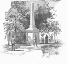 an etching of seven people in various late-nineteenth century garb walking among trees, grass, and a water fountain surrounding a stone obelisk