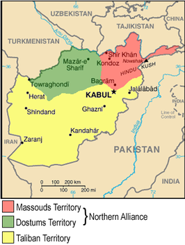 Geel: het gebied dat de Taliban controleerden in 1996.