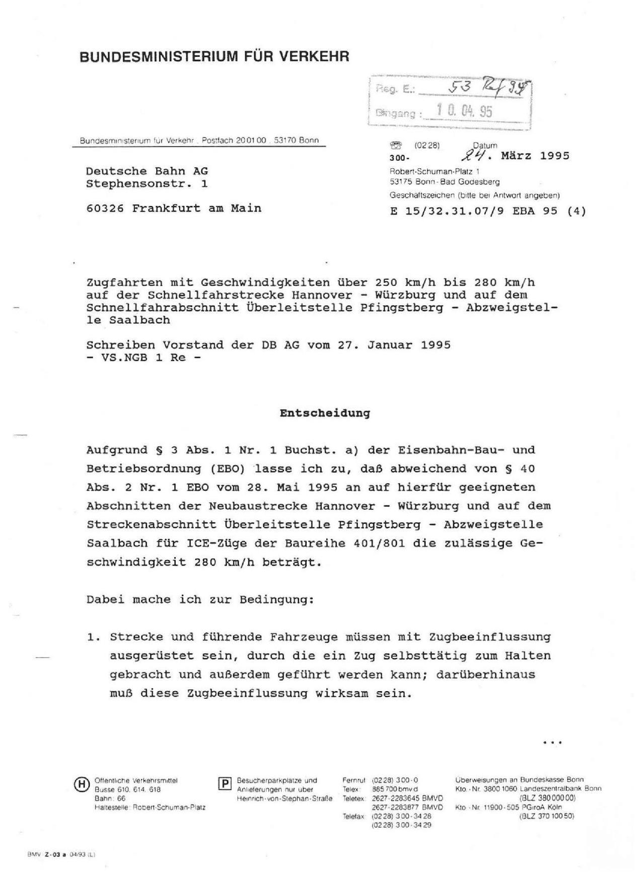 Ausnahmegenehmigung für ICE 1 (24. März 1995)