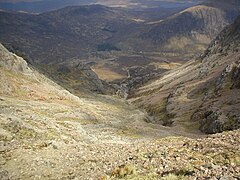 Looking north towards the A82 road in Glen Coe from upper Coire na Tulaich on Buachaille Etive Mòr.