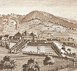 Schlossansicht, 1787 (Stich von Johann Jakob Rieger). Rechts auf der Mauer, der noch existierende Pavillon.