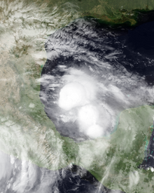 An infrared satellite image of a hurricane in the Bay of Campeche.