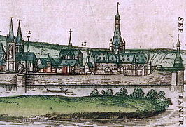 Stadspanorama van Simon de Bellomonte, ca. 1570 met Antonietenklooster (12), Commanderij Nieuwen Biesen (13) en Schonenvaardersbolwerk (uiterst rechts)