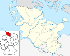 Mapa konturowa Szlezwika-Holsztynu, po prawej nieco na dole znajduje się punkt z opisem „Katedra w Lubece”