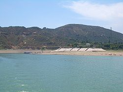Linxia County's northern shore, seen from a Liujiaxia Reservoir ferryboat