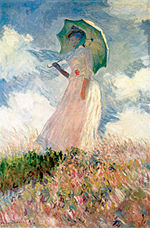 Claude Monet'in Musée d'Orsay'den tarlada sola bakan şemsiyeli kadın resmi