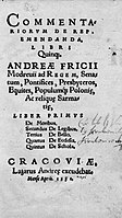 Commentariorum de Republica emendanda libri quinque Andrzeja Frycza Modrzewskiego z 1551, egzemplarz z prywatnej biblioteki króla Zygmunta Augusta