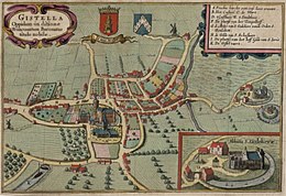 Gistel in de Flandria illustrata (1641). Het noorden is beneden. Rechts, dus aan de westkant, ligt de vervallen Godelieve-abdij. Waar de weg naar Gistel de stadsgracht kruist, staat een gebouw getekend op de plaats van de huidige herberg.