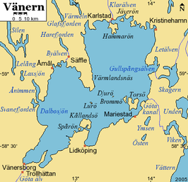 Het Vänermeer; Åstfjord linksboven bij Värmeln