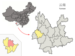 Location of Longyang District (pink) and Baoshan Prefecture (yellow) within Yunnan province of China