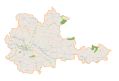 Mapa konturowa gminy Proszowice, po lewej znajduje się punkt z opisem „Klimontów”