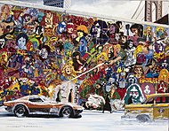 Psychedelic mural, maleri av Alain Bertrand (født 1946), viser veggmaleri inspirert av den psykedeliske popkunstens ofte overdrevne bruk av detaljerte mønstre og farger uten tomme flater.