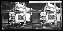 A stereogram of the left foo dog which protected the temple's great hall, c. 1870