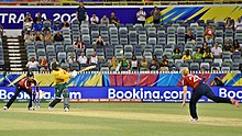 At the end of the Group B England v South Africa match at the WACA Ground, Mignon du Preez hits the winning runs that ultimately knocked England out of the tournament.