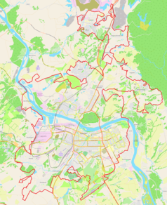 Mapa konturowa Kemerowa, blisko dolnej krawiędzi znajduje się punkt z opisem „KEJ”