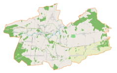 Mapa konturowa gminy Mstów, blisko centrum na lewo znajduje się punkt z opisem „Rynek w Mstowie”