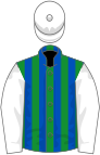 Green and royal blue stripes, white sleeves and cap