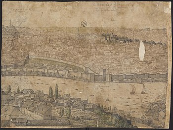 Part of the panoramic view of Constantinople- Kasimpasa shipyard is visible on the right