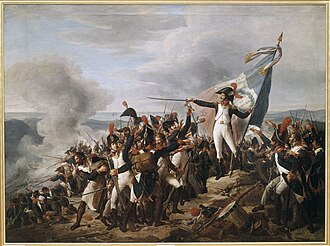 Painting shows a man in a blue uniform with white breeches standing on a mountaintop amid a crowd of soldiers. He gestures dramatically with his sword as he holds a French tricolor. Some of the soldiers are firing downhill.