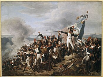 Painting showing blue-coated officer holding a flag and pointing his sword to rally his troops as they defend a mountaintop