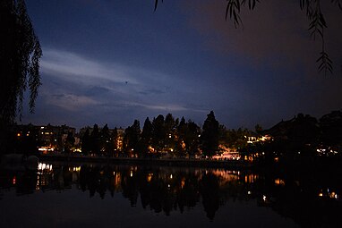 view of the lake just after nightfall