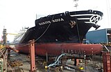 Container ship Maersk Rubicon, then known as the Hanjin Aqua drydocked in Singapore.