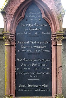 Familien-Grab auf dem Friedhof Wolfgottesacker, Basel. Immanuel Stockmeyer-Burckhardt (1814–1894), Immanuel Stockmeyer-Oeri (1842–1893)