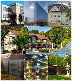 Top: Carbonarium - Coal Museum, Concert hall of the State Music School, Schlutterbach Palace Centre: Central Square of the Spa Park Bottom: Rehabilitation Hospital, Sunday Rest Centre, Brine Inhalatorium in the Spa Park