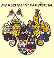 Die Reichsrennfahne, als Zier des rechten Helmes, und auch geviert im Wappen eines Marschalls von Pappenheim. Johann Siebmacher: New Wappenbuch. 1605