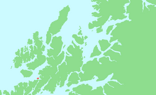 Geographic map with no written detail, green islands depict Nordland, Brottøya highlighted in red towards the bottom left of the map.