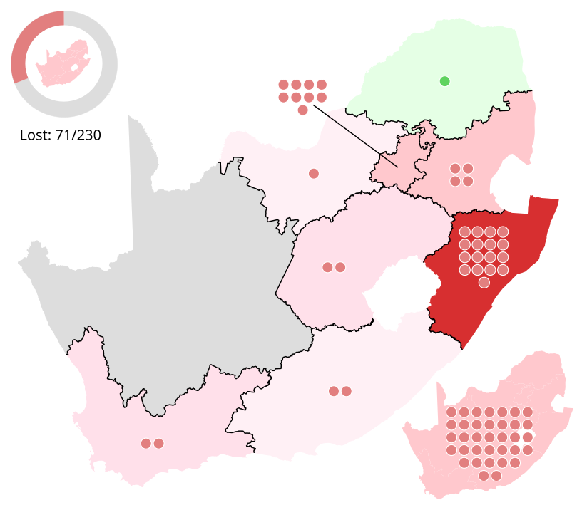 The ANC's seat loss by region and national ballot in the 2024 election.