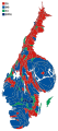 Cartogram of the map to the left with each municipality rescaled to the number of valid votes cast.