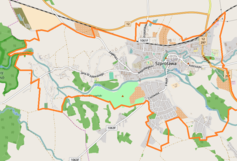 Mapa konturowa Szprotawy, po prawej nieco u góry znajduje się punkt z opisem „Parafia Wniebowzięcia Najświętszej Maryi Panny w Szprotawie”