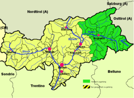 Kaart van Zuid-Tirol met in het groen de districtsgemeenschap Pustertal