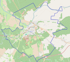 Mapa konturowa Skwierzyny, blisko centrum na lewo znajduje się punkt z opisem „Koszary w Skwierzynie”