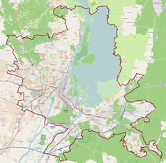 Mapa konturowa Szczecina, blisko centrum na lewo znajduje się punkt z opisem „Kościół św. Wojciecha w Szczecinie”