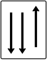522-32 Fahrstreifentafel; Darstellung mit Gegenverkehr: ein Fahrstreifen in Fahrtrichtung, zwei Fahrstreifen in Gegenrichtung
