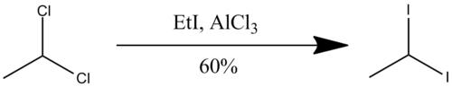 The preparation of 1,1-diiodoethane from gem-dihaloalkanes.