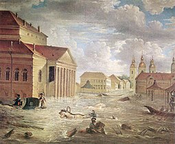 The Flood of 1824 in the square at the Bolshoi Kamenny Theatre (his last painting)