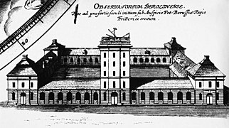 Ansicht von Norden der ersten Berliner Sternwarte auf dem Marstall in der Dorotheenstadt von 1742