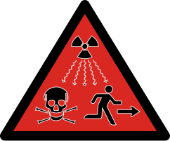 Σύμβολο κινδύνου ISO 2007 ραδιενέργειας που προορίζεται για πηγές της Κατηγορίας 1, 2 και 3 AEA που ορίζονται ως επικίνδυνες πηγές που μπορούν να προκαλέσουν θάνατο ή σοβαρό τραυματισμό.[38]