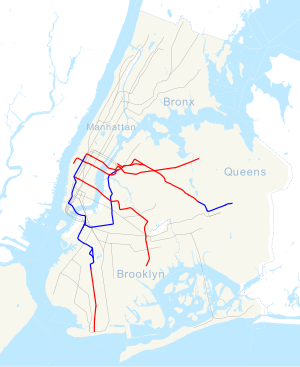 Map of New York City Subway lines where CBTC is being installed or where CBTC is active