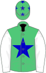 Emerald green, blue star, white sleeves, green cap, blue stars