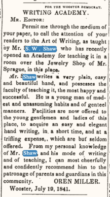 1841 announcement of a Writing Academy opened by S. W. Shaw in Wooster, Ohio.[12]