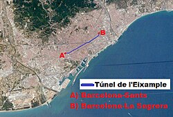 Route of the tunnel between Barcelona Sants (A) and the future station of Sagrera (B)