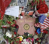 Tina Turner's star on the Hollywood Walk Of Fame covered with flowers and tributes from her fans on May 28, 2023