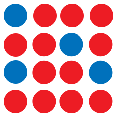 Schematische weergave van blauwe substitutie atomen in een rode gastheermatrix.