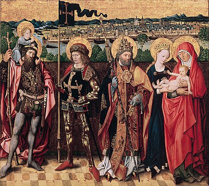 Anna selbdritt und die heiligen Christophorus, Gereon und Petrus, um 1475 – Öl/Tempera auf Eichenholz; Köln, Wallraf-Richartz-Museum WRM 0120